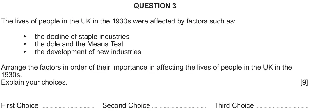 June 2023 Component 2D, question 3: The lives of people in the UK in the 1930s were affected by factors such as: the decline of staple industries the dole and the Means Test the development of new