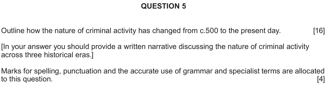 June 2024 Component 2E, question 5: Outline how the nature of criminal activity has changed from c.500 to the present day. [In your answer you should provide a written narrative discussing the nat