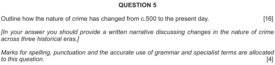 Autumn 2020 Component 2E, question 5: Outline how the nature of crime has changed from c.500 to the present day. [In your answer you should provide a written narrative discussing changes in the natu