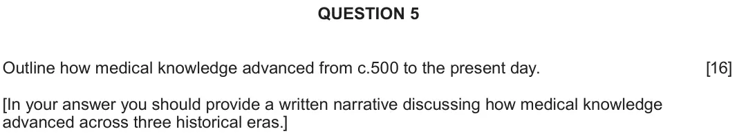 June 2022 Component 2F, question 5: Outline how medical knowledge advanced from c.500 to the present day. [In your answer you should provide a written narrative discussing how medical knowledge ad