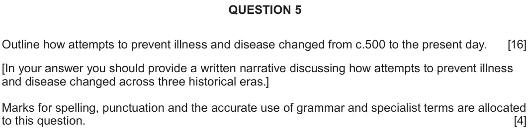 June 2023 Component 2F, question 5: Outline how attempts to prevent illness and disease changed from c.500 to the present day. [In your answer you should provide a written narrative discussing how