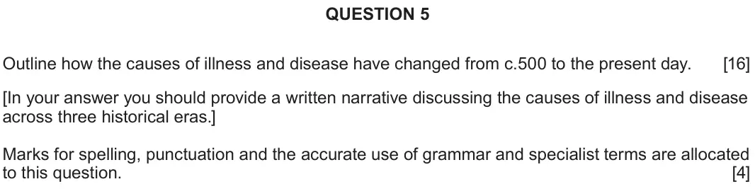 June 2024 Component 2F, question 5: Outline how the causes of illness and disease have changed from c.500 to the present day. [In your answer you should provide a written narrative discussing the 