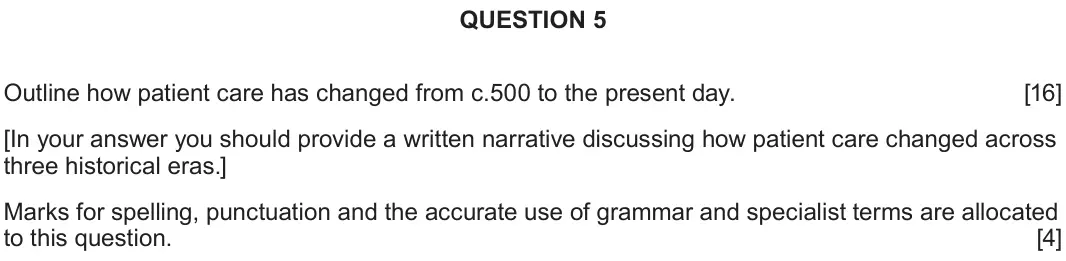 June 2025 Component 2F, question 5: Outline how patient care has changed from c.500 to the present day. [In your answer you should provide a written narrative discussing how patient care changed a