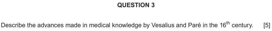 Autumn 2021 Component 2F, question 3: Describe the advances made in medical knowledge by Vesalius and Paré in the 16th century.