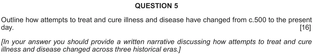 Autumn 2021 Component 2F, question 5: Outline how attempts to treat and cure illness and disease have changed from c.500 to the present day. [In your answer you should provide a written narrative di