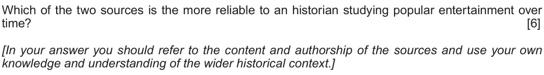 June 2018 Component 2H, question 2: Which of the two sources is the more reliable to an historian studying popular entertainment over time? [In your answer you should refer to the content and auth