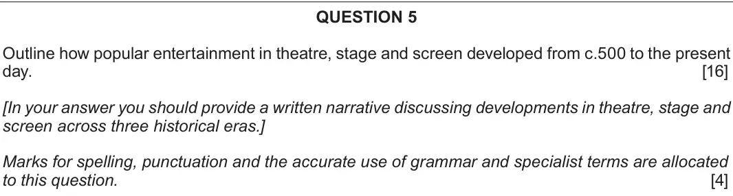 June 2019 Component 2H, question 5: Outline how popular entertainment in theatre, stage and screen developed from c.500 to the present day. [In your answer you should provide a written narrative d