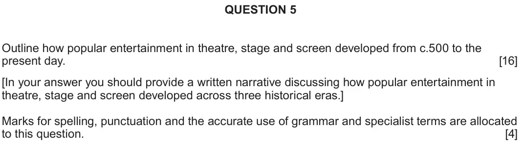 June 2023 Component 2H, question 5: Outline how popular entertainment in theatre, stage and screen developed from c.500 to the present day. [In your answer you should provide a written narrative d