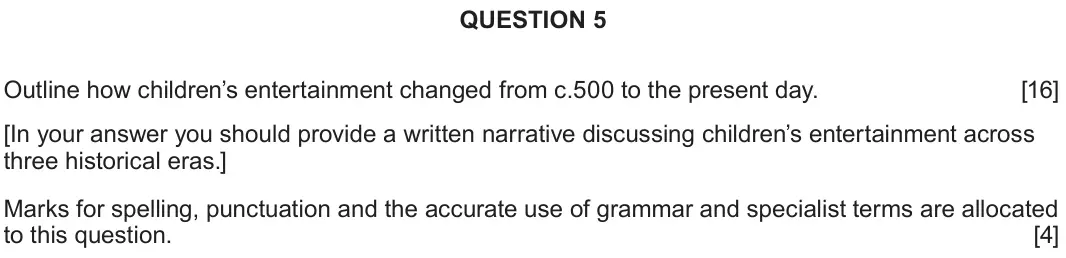 June 2024 Component 2H, question 5: Outline how children’s entertainment changed from c.500 to the present day. [In your answer you should provide a written narrative discussing children’s enterta