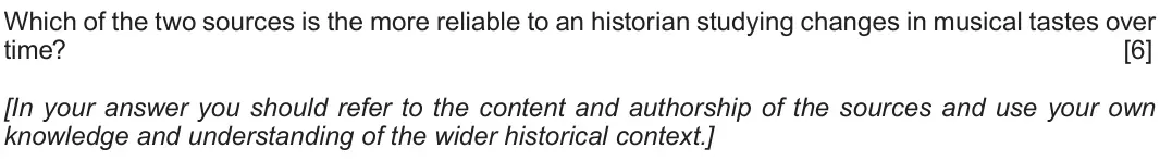 Autumn 2020 Component 2H, question 2: Which of the two sources is the more reliable to an historian studying changes in musical tastes over time? [In your answer you should refer to the content and 