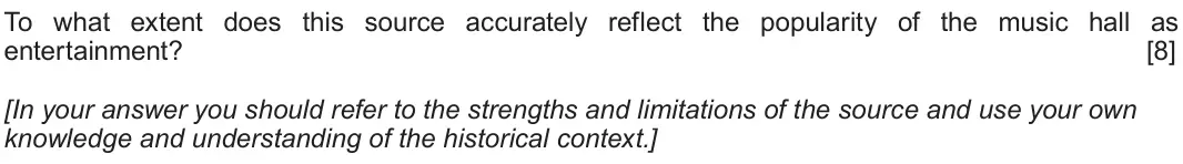 Autumn 2020 Component 1C, question 2: To what extent does this source accurately reflect the popularity of the music hall as entertainment? [In your answer you should refer to the strengths and limi