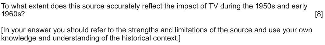 June 2022 Component 1D, question 2: To what extent does this source accurately reflect the impact of TV during the 1950s and early 1960s? [In your answer you should refer to the strengths and limi