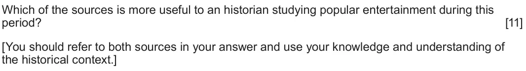 June 2022 Component 1H, question 4: Which of the sources is more useful to an historian studying popular entertainment during this period? [You should refer to both sources in your answer and use 