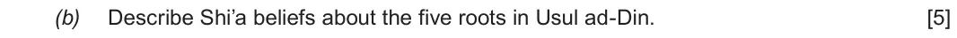 Autumn 2020 Component 3, question 1(b): Describe Shi’a beliefs about the five roots in Usul ad-Din.