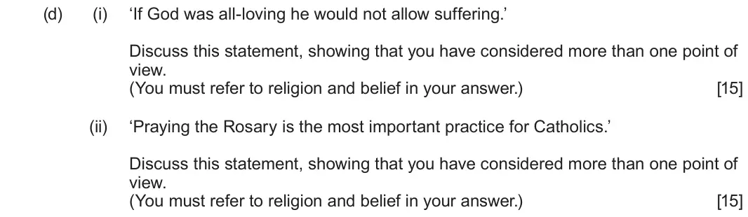 June 2023 Route B Component 1, question 2(d): (i) ‘If God was all-loving he would not allow suffering.’ Discuss this statement, showing that you have considered more than one point of view. (You must refer 