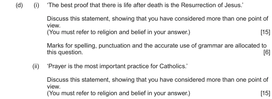 June 2024 Route B Component 2, question 1(d): (i) ‘The best proof that there is life after death is the Resurrection of Jesus.’ Discuss this statement, showing that you have considered more than one point o