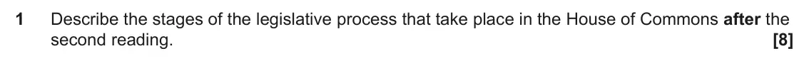 June 2024 AS Paper 2, question 1: Describe the stages of the legislative process that take place in the House of Commons after the second reading.