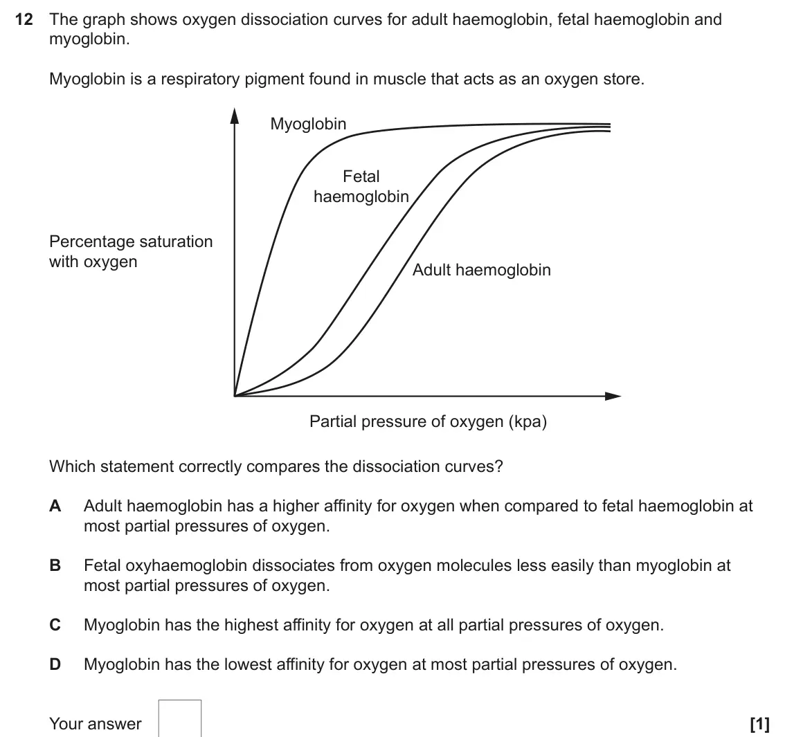 June 2025 AS Paper 1, question 12: The graph shows oxygen dissociation curves for adult haemoglobin, fetal haemoglobin and myoglobin. Myoglobin is a respiratory pigment found in muscle that acts 