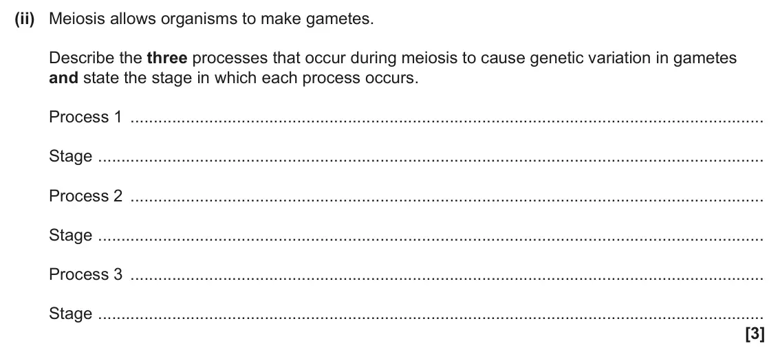June 2025 AS Paper 1, question 21(b)(ii): Meiosis allows organisms to make gametes. Describe the three processes that occur during meiosis to cause genetic variation in gametes and state the stage in wh