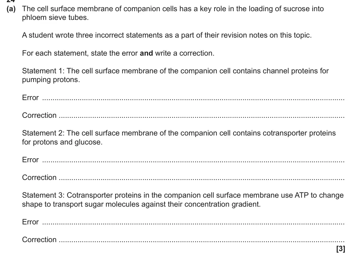 June 2025 AS Paper 1, question 24(a): The cell surface membrane of companion cells has a key role in the loading of sucrose into phloem sieve tubes. A student wrote three incorrect statements as a p