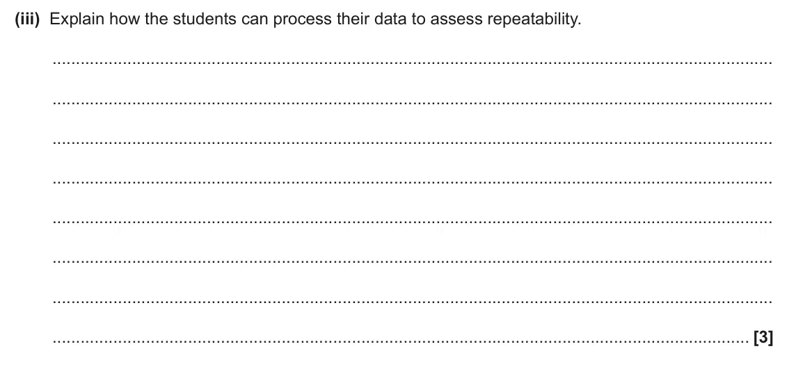 June 2025 AS Paper 1, question 24(b)(iii): Explain how the students can process their data to assess repeatability. [3]