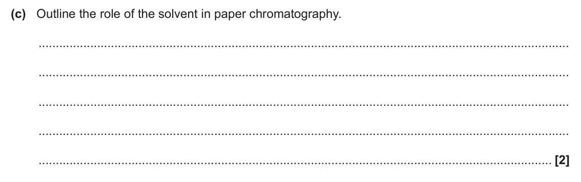 June 2025 AS Paper 2, question 1(c): Outline the role of the solvent in paper chromatography. [2]