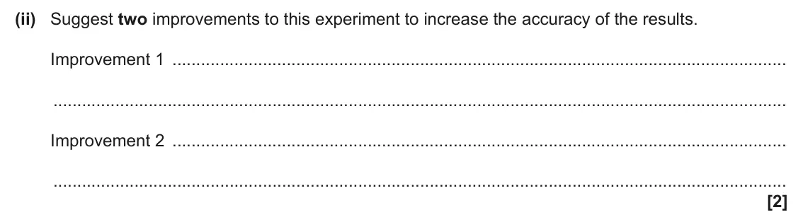 June 2025 AS Paper 2, question 2(a)(ii): Suggest two improvements to this experiment to increase the accuracy of the results. Improvement 1 Improvement 2 [2]