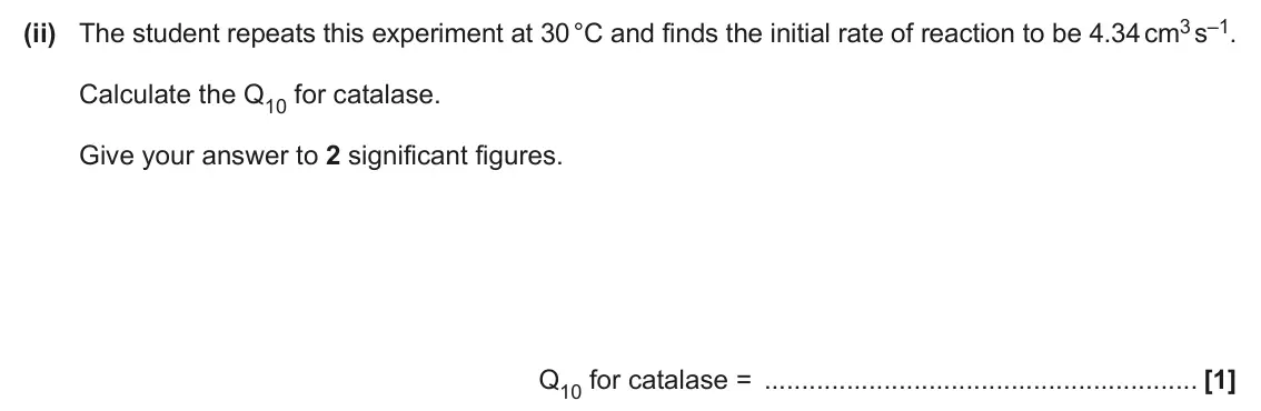 June 2025 AS Paper 2, question 3(b)(ii): The student repeats this experiment at 30 °C and finds the initial rate of reaction to be 4.34 cm3 s–1. Calculate the Q10 for catalase. Give your answer to 2 si