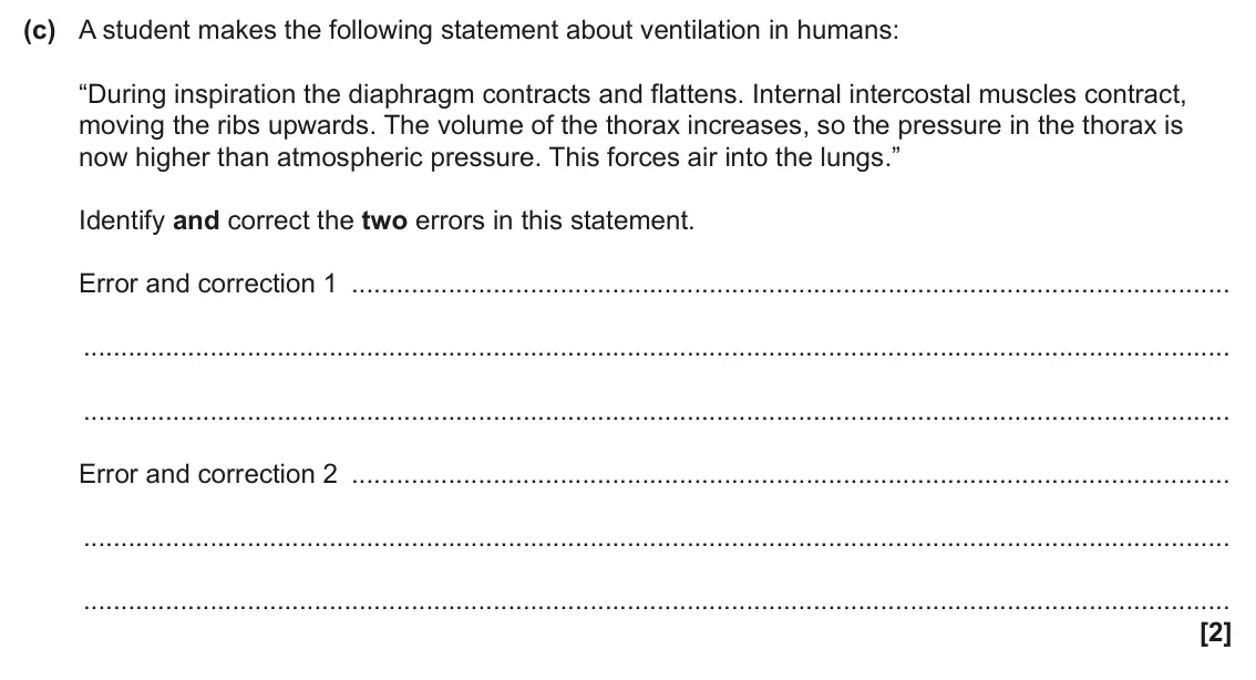 June 2025 AS Paper 2, question 6(c): A student makes the following statement about ventilation in humans: “During inspiration the diaphragm contracts and flattens. Internal intercostal muscles cont