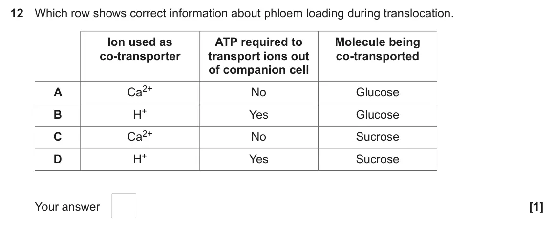 June 2024 AS Paper 1, question 12: Which row shows correct information about phloem loading during translocation. Ion used as ATP required to Molecule being co-transporter transport ions out co-t