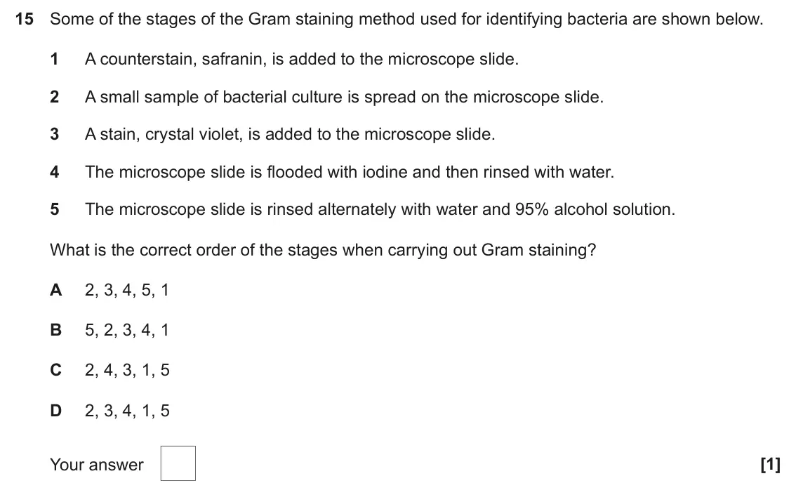 June 2024 AS Paper 1, question 15: Some of the stages of the Gram staining method used for identifying bacteria are shown below. 1 A counterstain, safranin, is added to the microscope slide. 2 A 