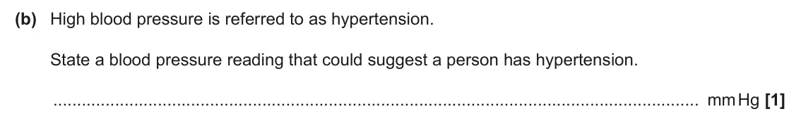 June 2024 AS Paper 1, question 22(b): High blood pressure is referred to as hypertension. State a blood pressure reading that could suggest a person has hypertension. mm Hg [1]
