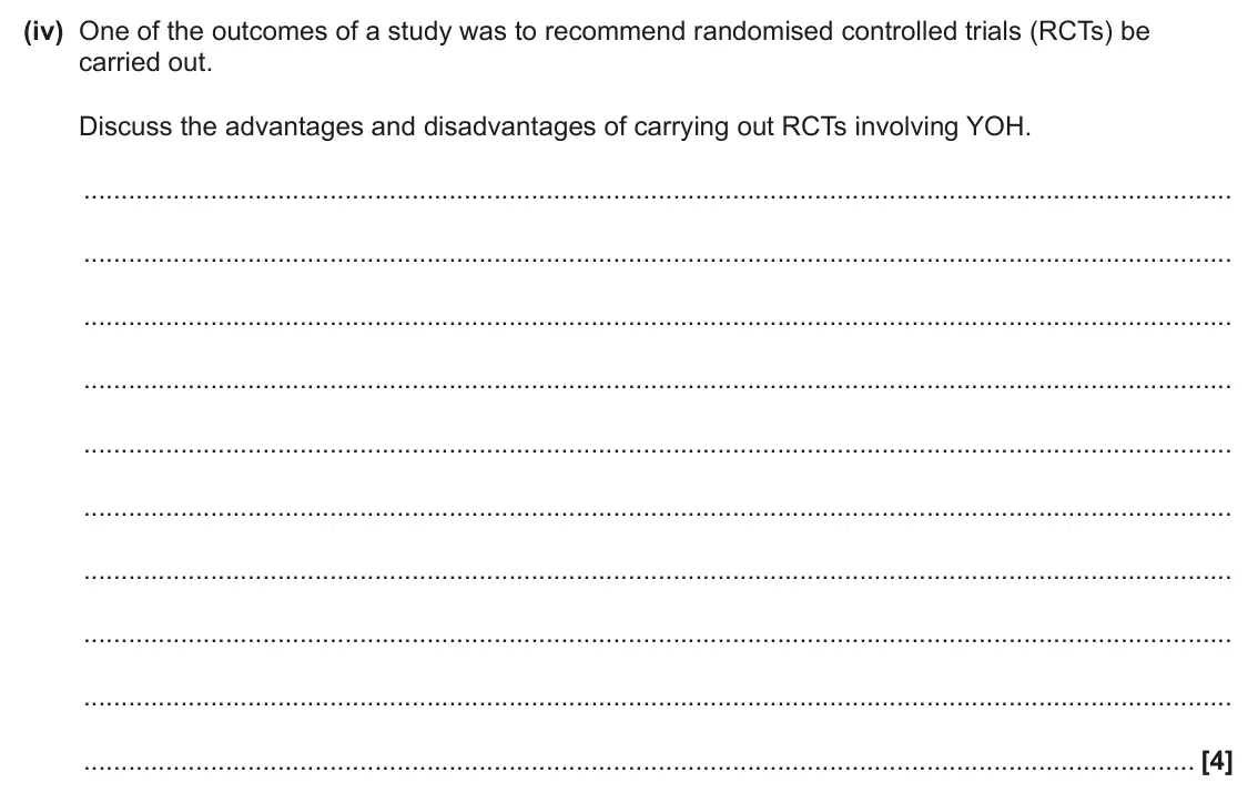 June 2024 AS Paper 1, question 22(c)(iv): One of the outcomes of a study was to recommend randomised controlled trials (RCTs) be carried out. Discuss the advantages and disadvantages of carrying out RCT