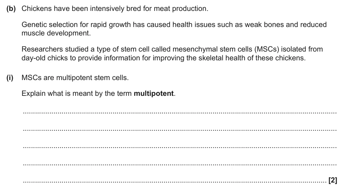 June 2024 AS Paper 1, question 24(b)(i): MSCs are multipotent stem cells. Explain what is meant by the term multipotent. [2]