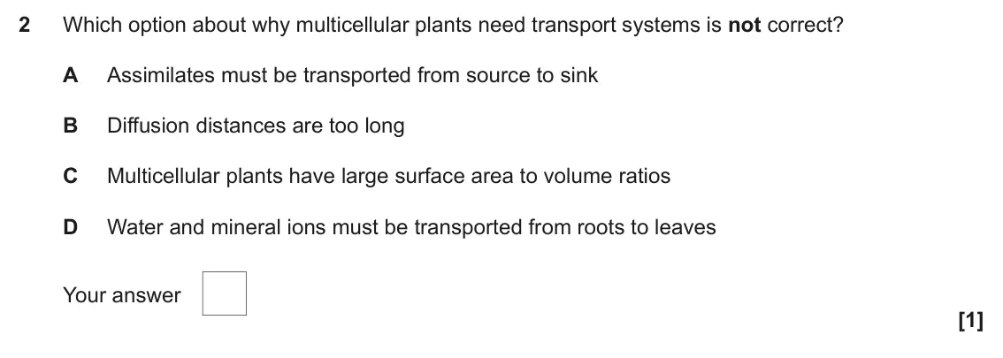 June 2025 AS Paper 1, question 2: Which option about why multicellular plants need transport systems is not correct? A Assimilates must be transported from source to sink B Diffusion distances a