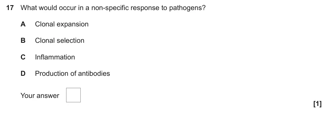 June 2025 AS Paper 1, question 17: What would occur in a non-specific response to pathogens? A Clonal expansion B Clonal selection C Inflammation D Production of antibodies Your answer [1]
