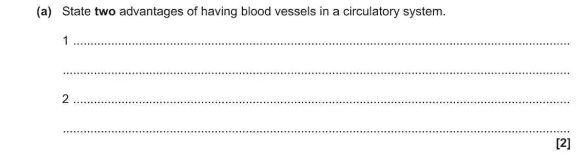 November 2021 AS Paper 1, question 24(a): State two advantages of having blood vessels in a circulatory system. 1 2 12]