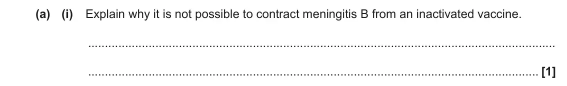 June 2022 AS Paper 2, question 4(a)(i): Explain why it is not possible to contract meningitis B from an inactivated vaccine. [1]