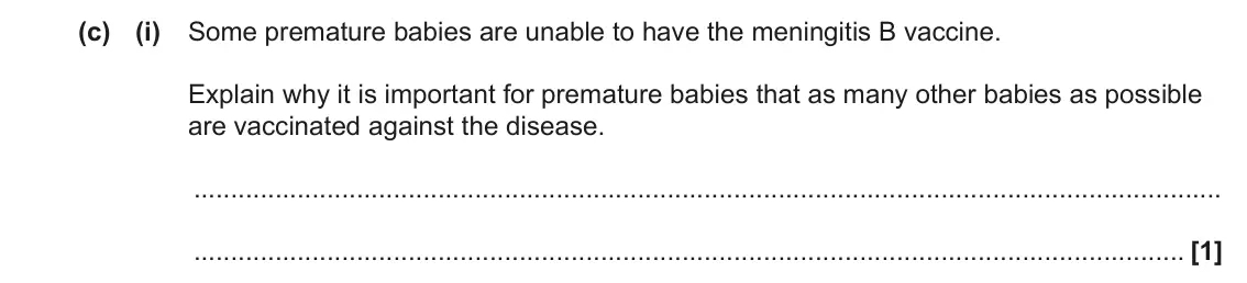 June 2022 AS Paper 2, question 4(c)(i): Some premature babies are unable to have the meningitis B vaccine. Explain why it is important for premature babies that as many other babies as possible are va