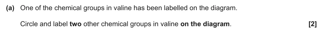 June 2024 AS Paper 2, question 2(a): One of the chemical groups in valine has been labelled on the diagram. Circle and label two other chemical groups in valine on the diagram. [2]