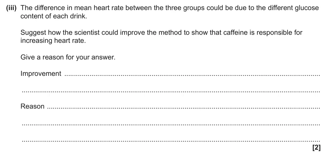 June 2024 AS Paper 2, question 3(b)(iii): The difference in mean heart rate between the three groups could be due to the different glucose content of each drink. Suggest how the scientist could improve