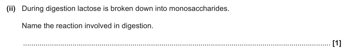 June 2025 AS Paper 2, question 2(a)(ii): During digestion lactose is broken down into monosaccharides. Name the reaction involved in digestion. [1]