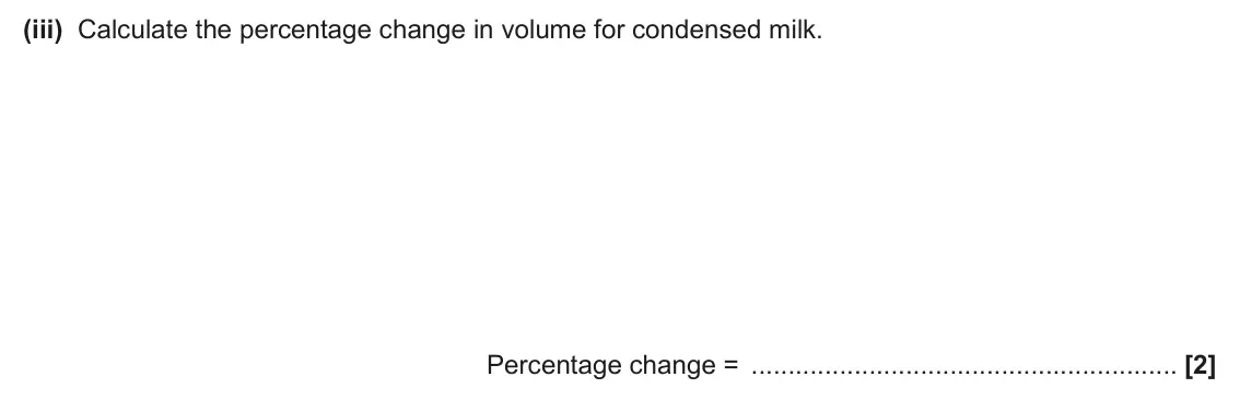 June 2025 AS Paper 2, question 2(b)(iii): Calculate the percentage change in volume for condensed milk. Percentage change = [2]