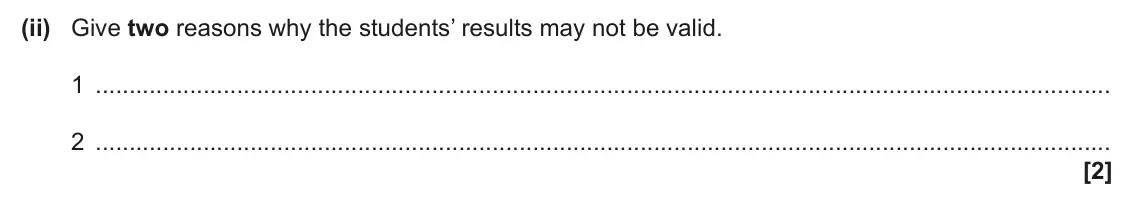 June 2025 AS Paper 2, question 4(a)(ii): Give two reasons why the students’ results may not be valid. 1 2 [2]