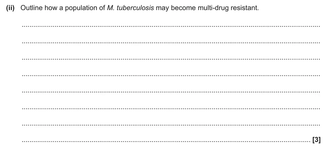 June 2025 AS Paper 2, question 5(a)(ii): Outline how a population of M. tuberculosis may become multi-drug resistant. [3]