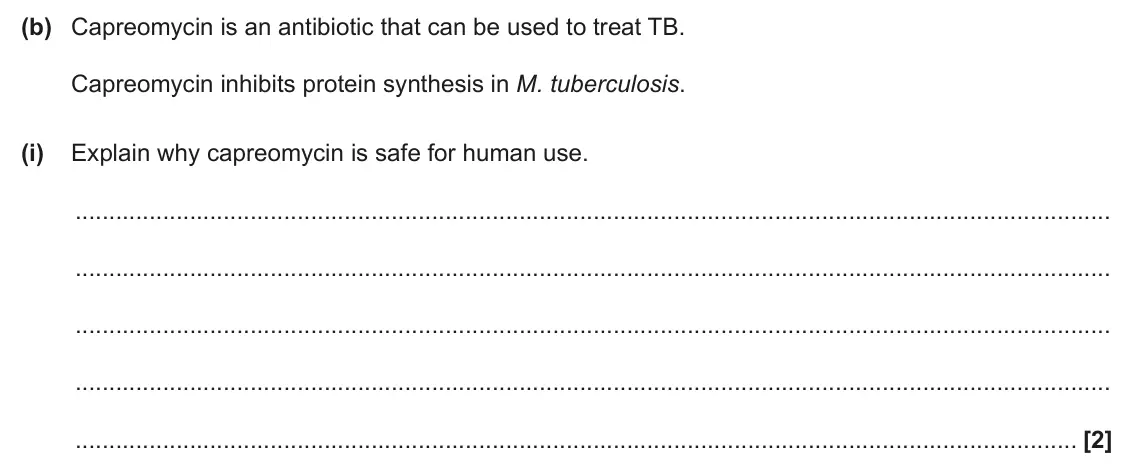 June 2025 AS Paper 2, question 5(b)(i): Explain why capreomycin is safe for human use. [2]