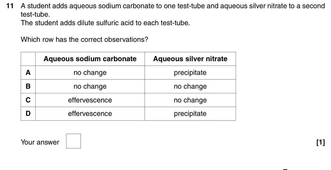 June 2016 AS Paper 1, question 11: A student adds aqueous sodium carbonate to one test-tube and aqueous silver nitrate to a second test-tube. The student adds dilute sulfuric acid to each test-tu