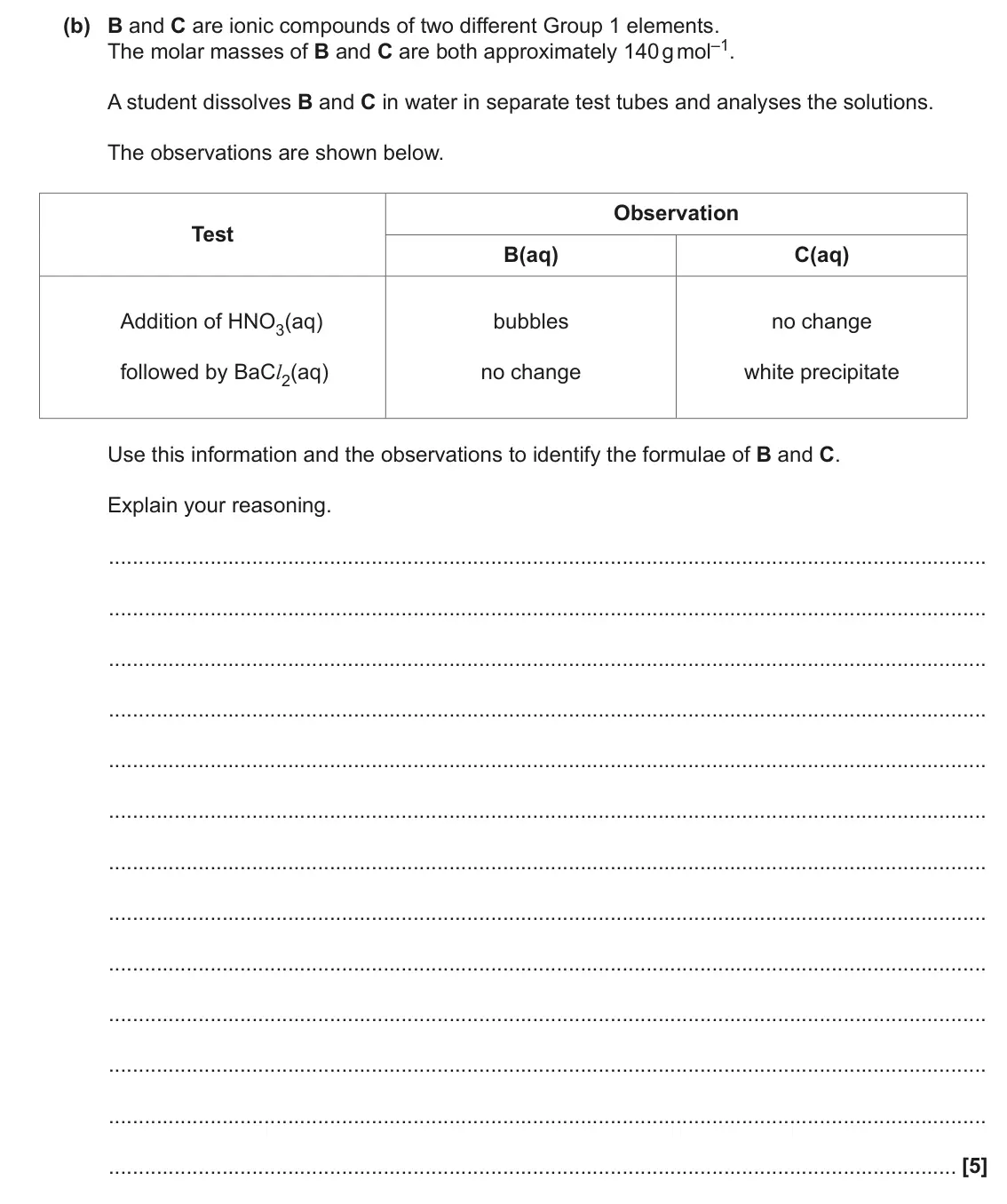 June 2017 AS Paper 1, question 22(b): B and C are ionic compounds of two different Group 1 elements. The molar masses of B and C are both approximately 140 g mol–1. A student dissolves B and C in wa