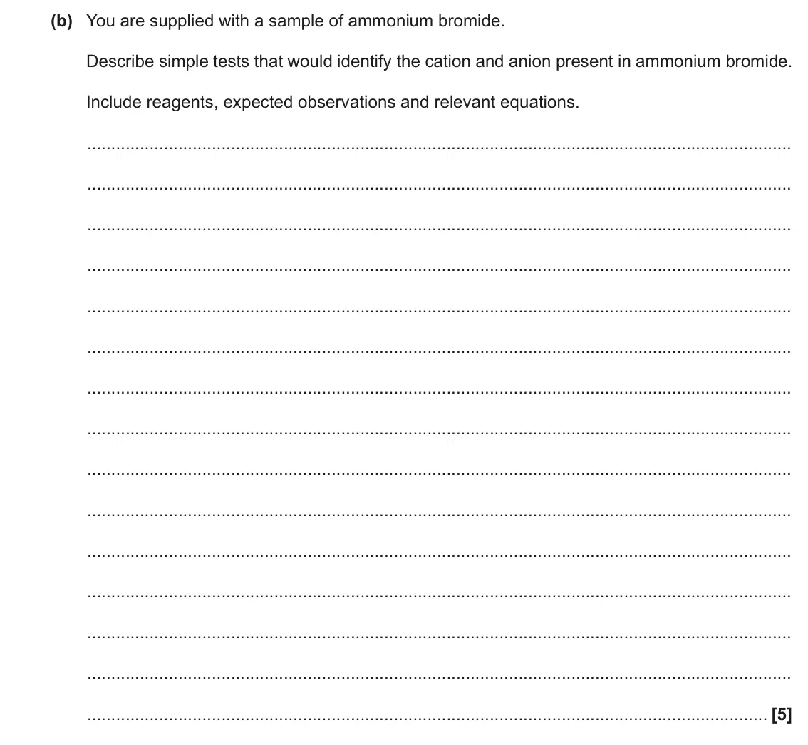 June 2019 AS Paper 1, question 23(b): You are supplied with a sample of ammonium bromide. Describe simple tests that would identify the cation and anion present in ammonium bromide. Include reagents