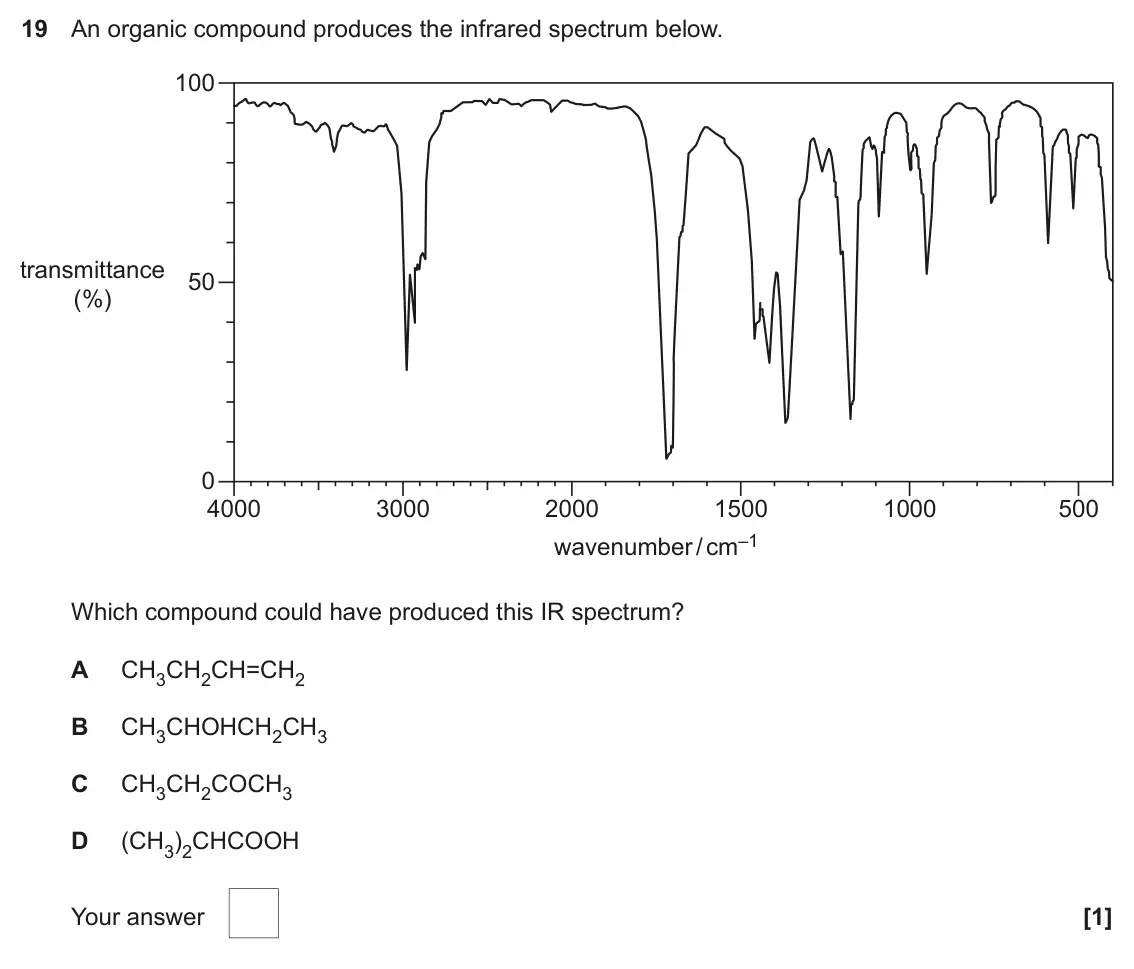 June 2023 AS Paper 1, question 19: An organic compound produces the infrared spectrum below. 100 transmittance 50 (%) 0 4000 3000 2000 1500 1000 500 wavenumber / cm–1 Which compound could have pr